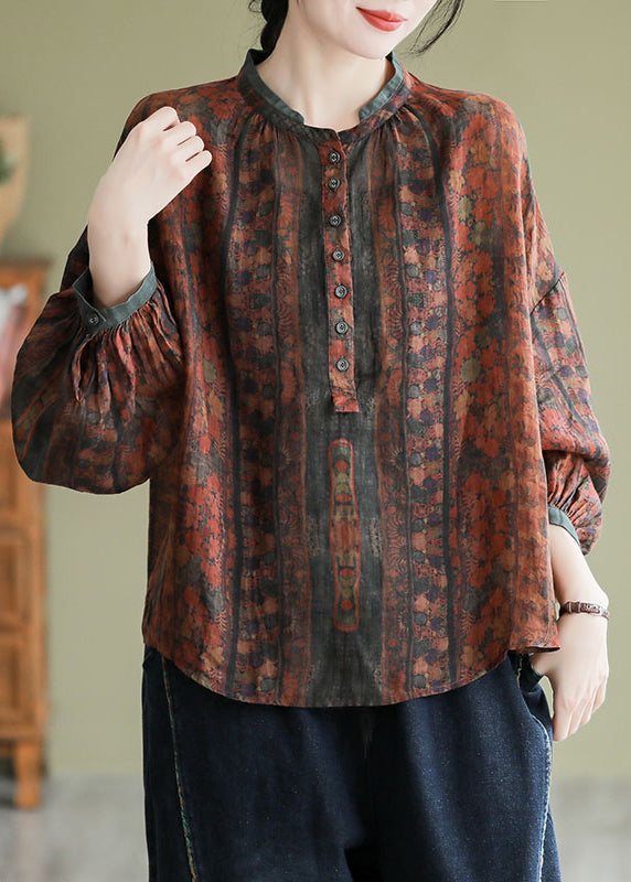 Vintage Orange Stand Collar Print Button Linen Shirts Long Sleeve AP063