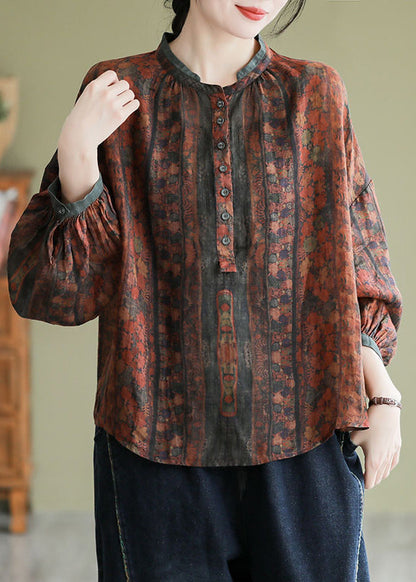 Vintage Orange Stand Collar Print Button Linen Shirts Long Sleeve AP063