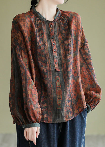 Vintage Orange Stand Collar Print Button Linen Shirts Long Sleeve AP063