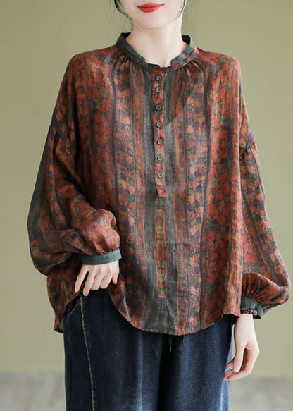 Vintage Orange Stand Collar Print Button Linen Shirts Long Sleeve AP063