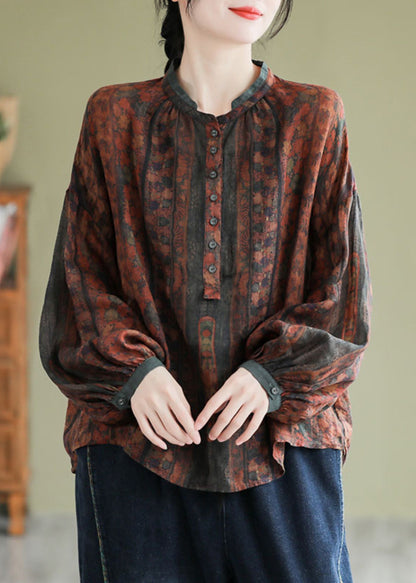 Vintage Orange Stand Collar Print Button Linen Shirts Long Sleeve AP063