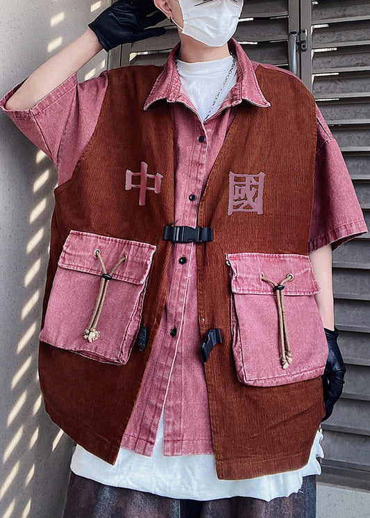 Pieces Two Men Patchwork False Half Oversized Pink Shirts Vintage