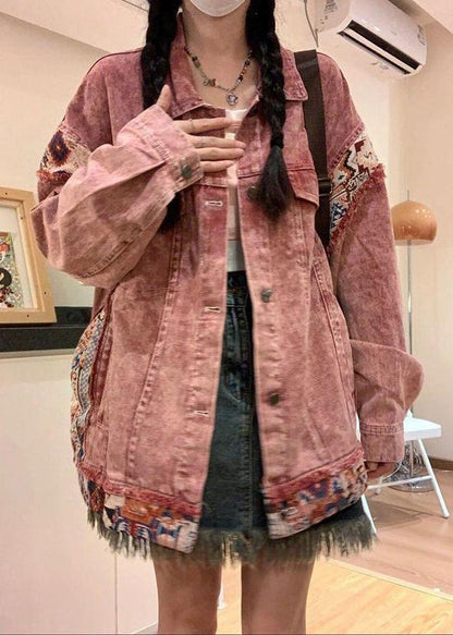 Vintage Pink Spring Pan Collar Denim Patchwork Coat Peter Button