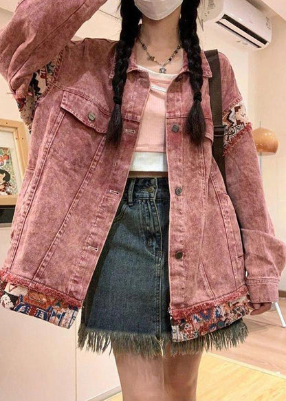Vintage Pink Spring Pan Collar Denim Patchwork Coat Peter Button