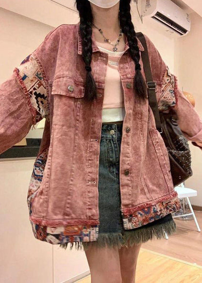 Vintage Pink Spring Pan Collar Denim Patchwork Coat Peter Button