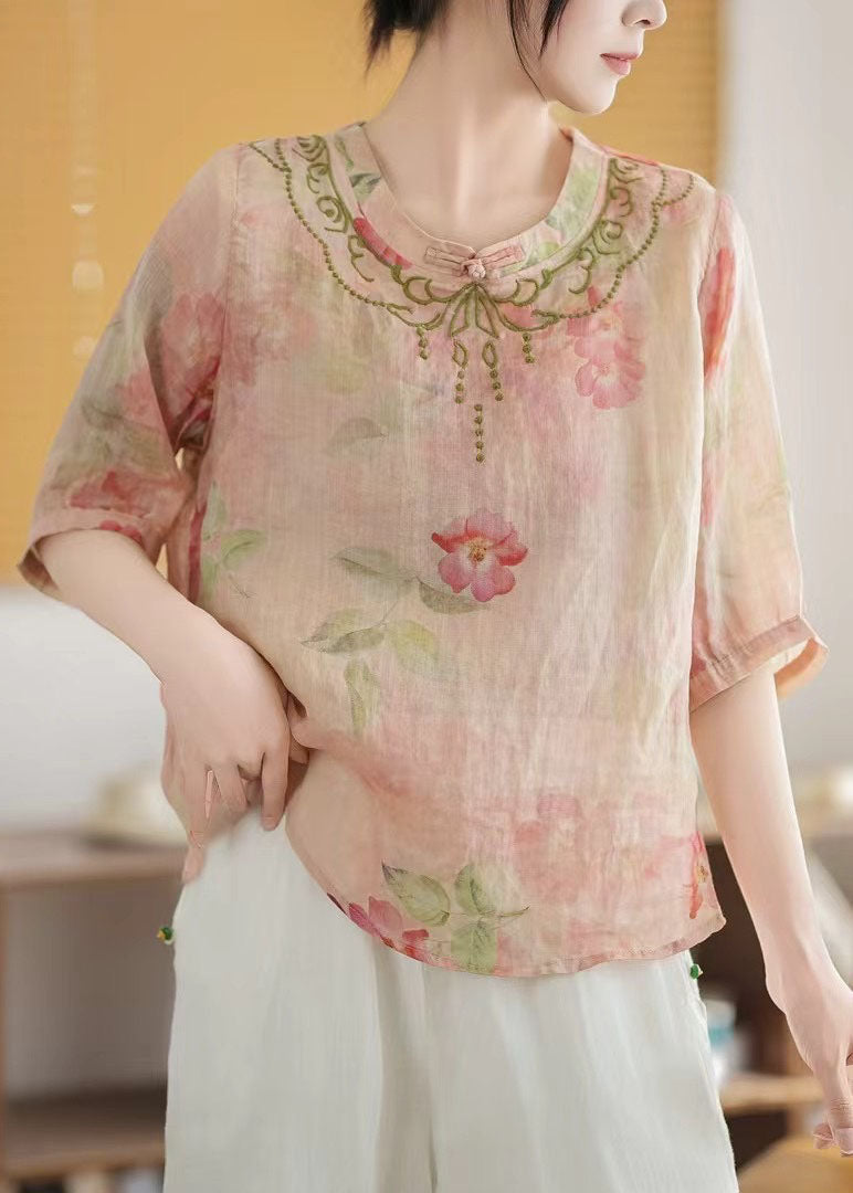 Summer Vintage Linen Chinese Top Pink Style Print