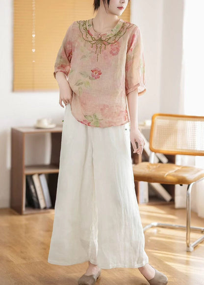 Summer Vintage Linen Chinese Top Pink Style Print