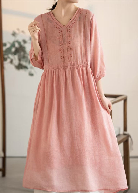 V Patchwork Vintage Pink Summer Dresses Linen Neck