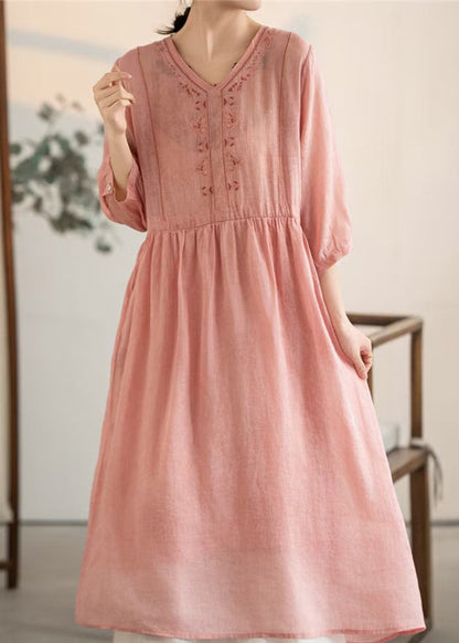 V Patchwork Vintage Pink Summer Dresses Linen Neck