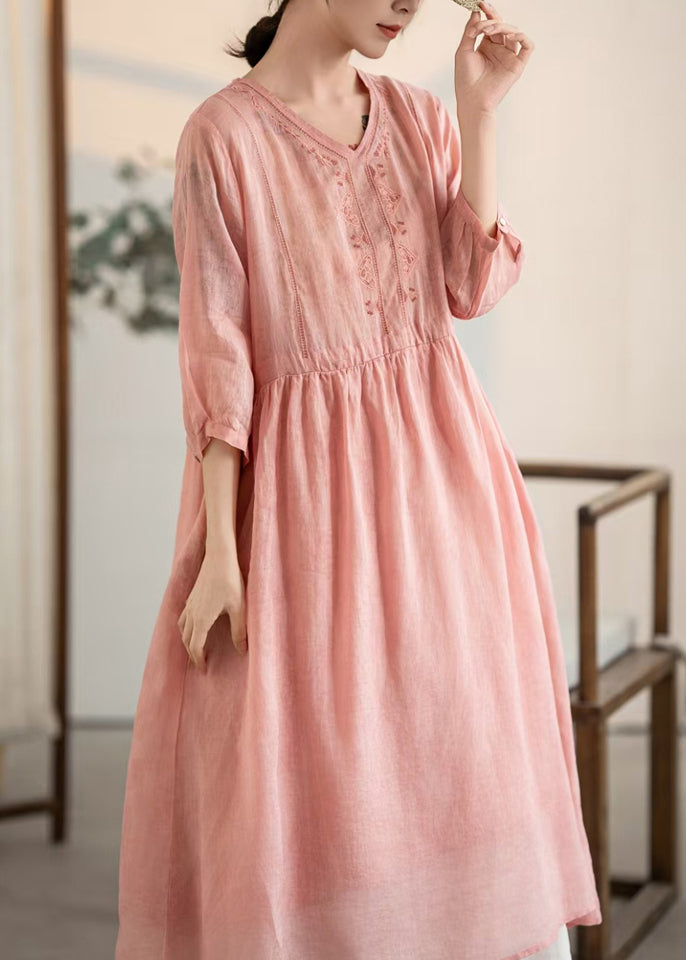 V Patchwork Vintage Pink Summer Dresses Linen Neck