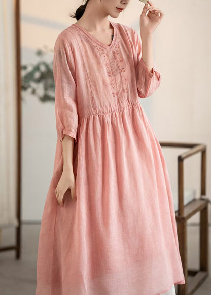 V Patchwork Vintage Pink Summer Dresses Linen Neck