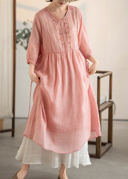 V Patchwork Vintage Pink Summer Dresses Linen Neck
