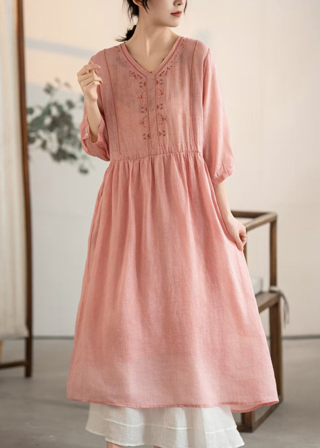V Patchwork Vintage Pink Summer Dresses Linen Neck