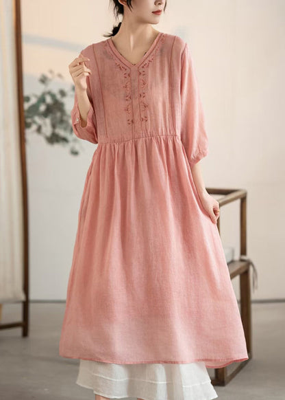 V Patchwork Vintage Pink Summer Dresses Linen Neck