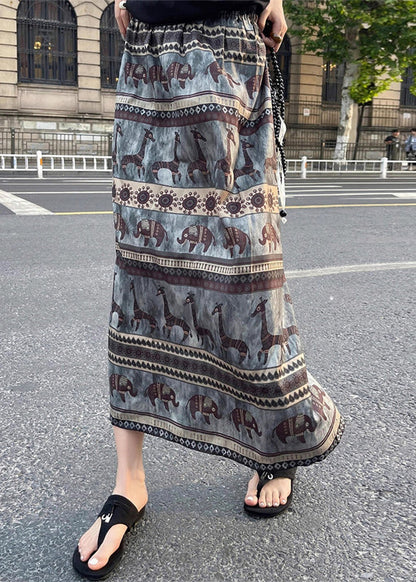 Summer Vintage Print Waist Elastic Cotton Skirt Side Open