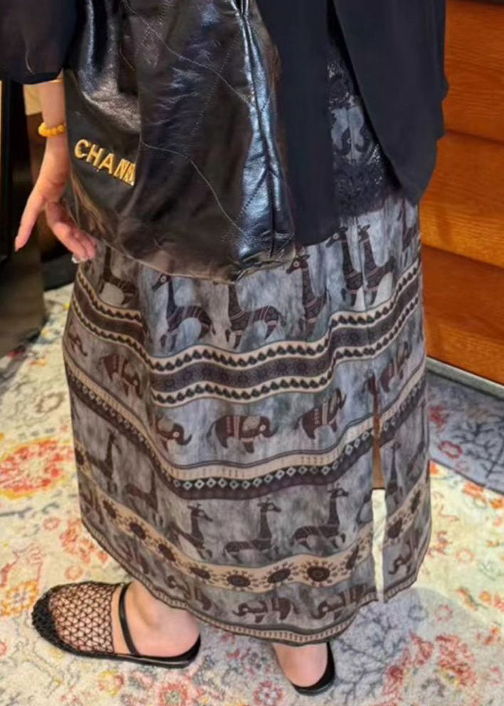 Summer Vintage Print Waist Elastic Cotton Skirt Side Open