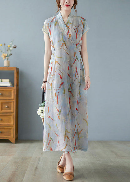 Vintage Print Linen Summer Waist Dress Tie Long