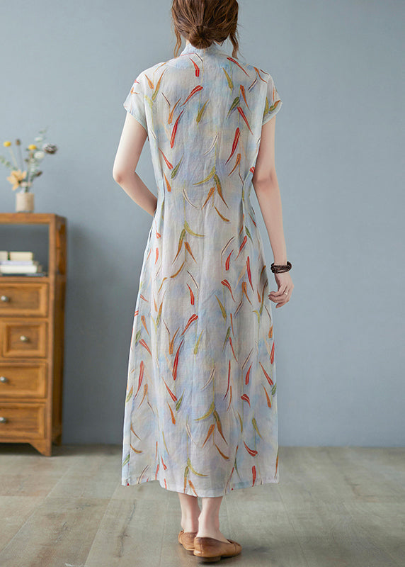 Vintage Print Linen Summer Waist Dress Tie Long