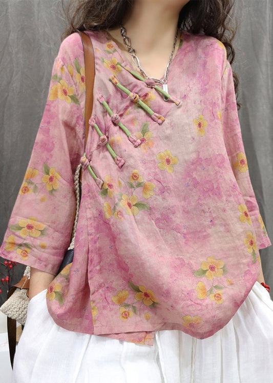 Purple V Button Vintage Chinese Spring Linen Neck Shirt