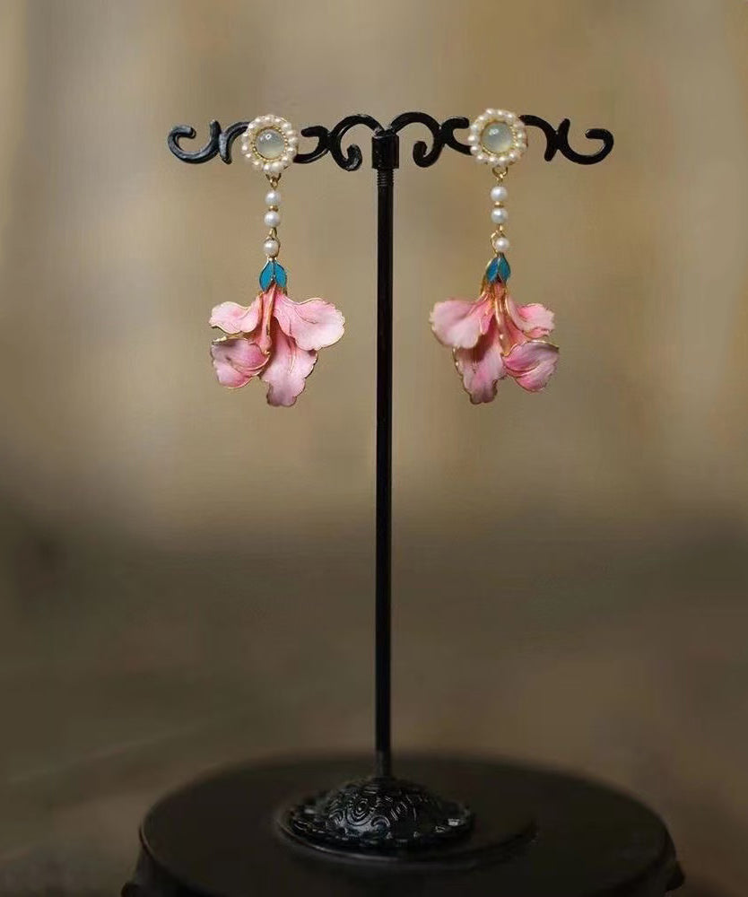 Enameling Tassel Pearl Peony Drop Rainbow Vintage Earrings Alloy