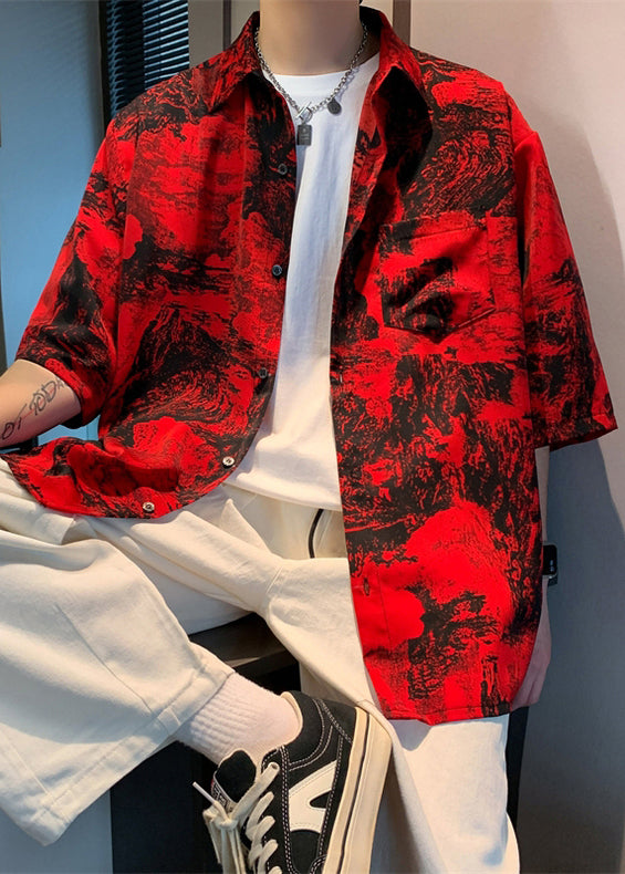 Print Button Sleeve Cotton Shirts Red Vintage Men Half Pockets