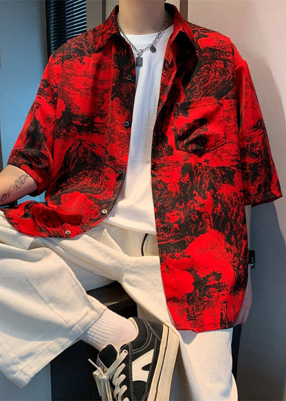 Print Button Sleeve Cotton Shirts Red Vintage Men Half Pockets