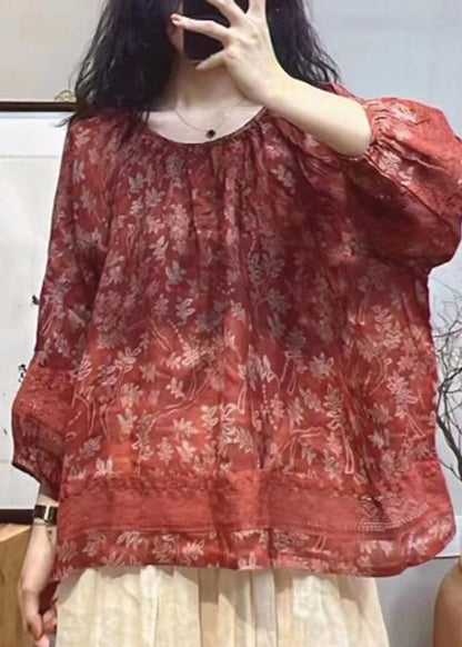 Vintage Red O-Neck Print Hollow Out Patchwork Tops Lantern Sleeve UU024