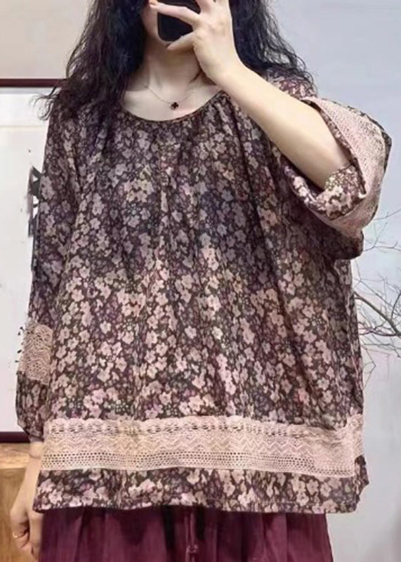 Vintage Red O-Neck Print Hollow Out Patchwork Tops Lantern Sleeve UU024