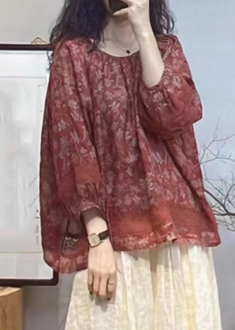 Vintage Red O-Neck Print Hollow Out Patchwork Tops Lantern Sleeve UU024