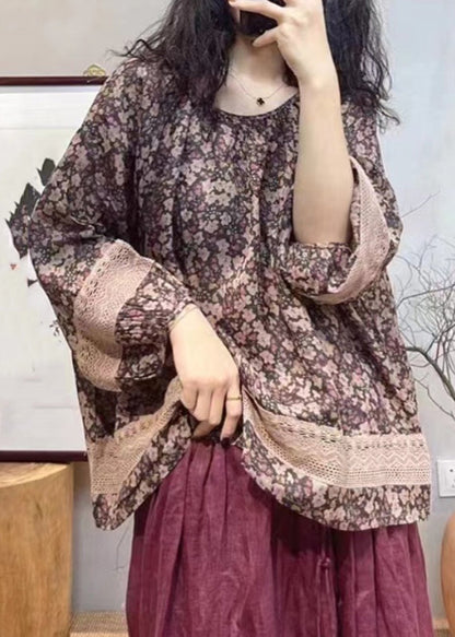 Vintage Red O-Neck Print Hollow Out Patchwork Tops Lantern Sleeve UU024