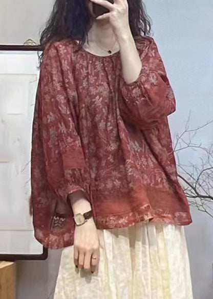 Vintage Red O-Neck Print Hollow Out Patchwork Tops Lantern Sleeve UU024