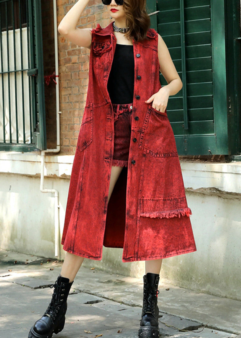 Vintage Red Peter Pan Collar Patchwork Long Waistcoat Summer TR016