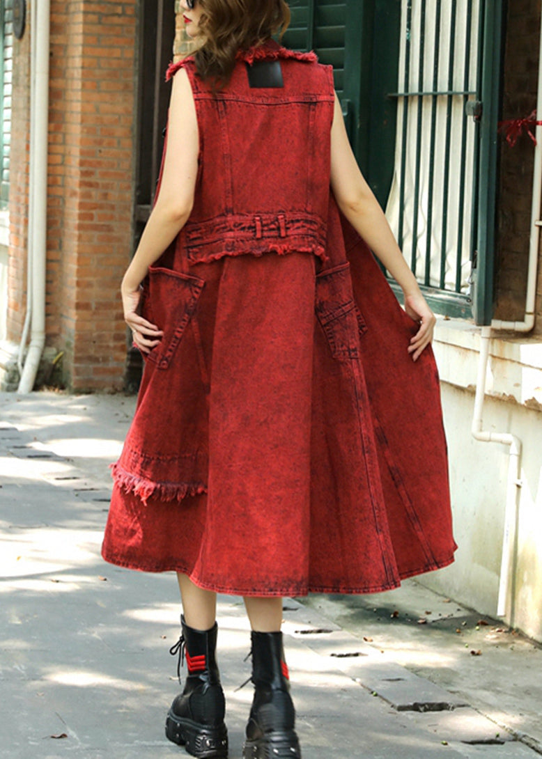 Vintage Red Peter Pan Collar Patchwork Long Waistcoat Summer TR016