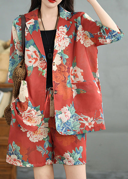 Sleeve Print Half Pockets Pieces Set Red Cotton Two Vintage