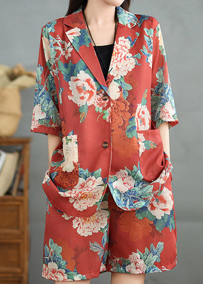 Red Print Two Cotton Half Vintage Pieces Sleeve Pockets Set