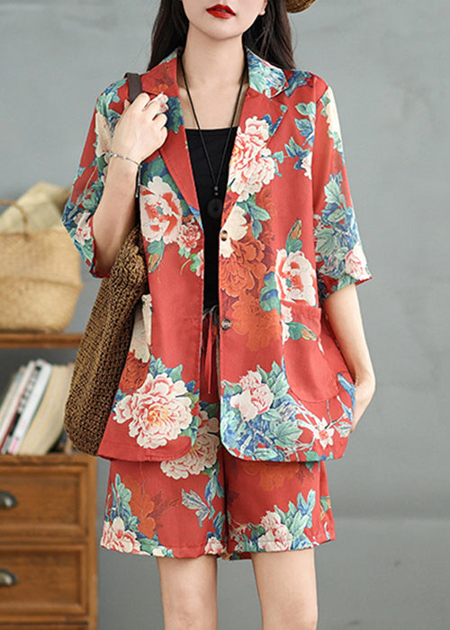 Red Print Two Cotton Half Vintage Pieces Sleeve Pockets Set