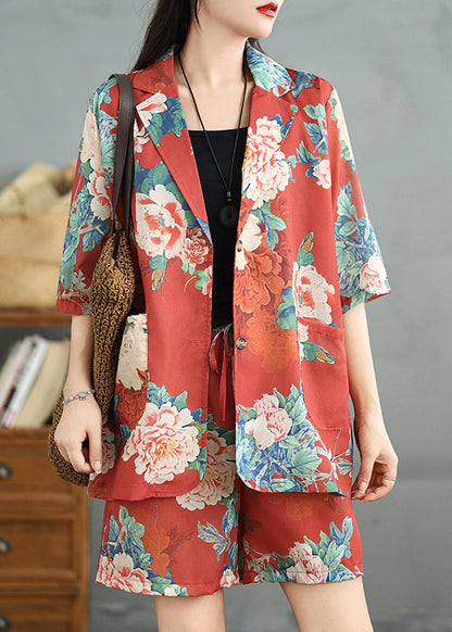 Sleeve Print Half Pockets Pieces Set Red Cotton Two Vintage