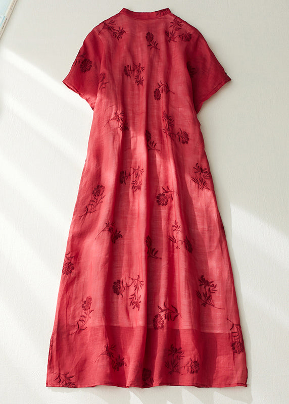 Vintage Red Stand Collar Side Open Layered Maxi Dress Short Sleeve VV089