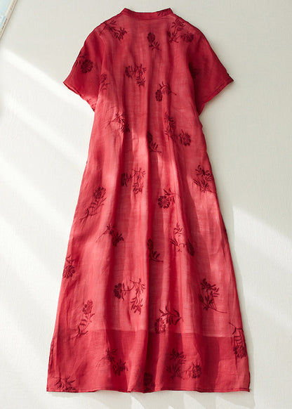 Vintage Red Stand Collar Side Open Layered Maxi Dress Short Sleeve VV089