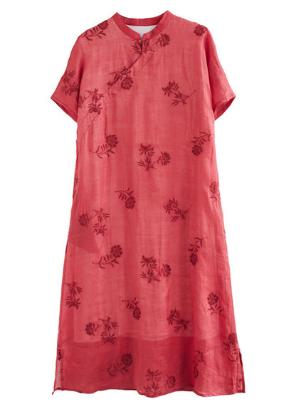 Vintage Red Stand Collar Side Open Layered Maxi Dress Short Sleeve VV089