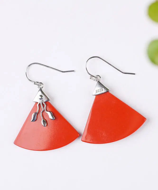 Vintage Red Sterling Silver Triangular Cinnabar Drop Earrings Ada Fashion