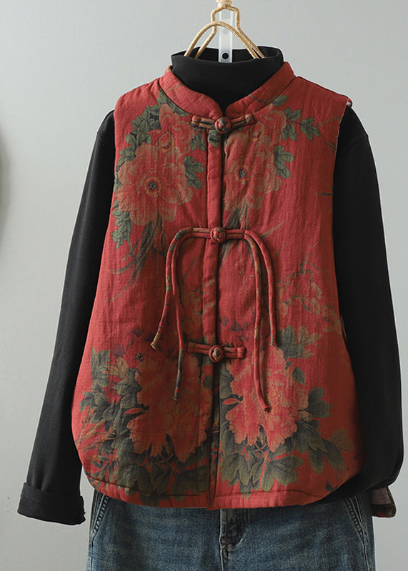 Vintage Red Tassel Print Patchwork Fine Cotton Filled Vest Winter RU045