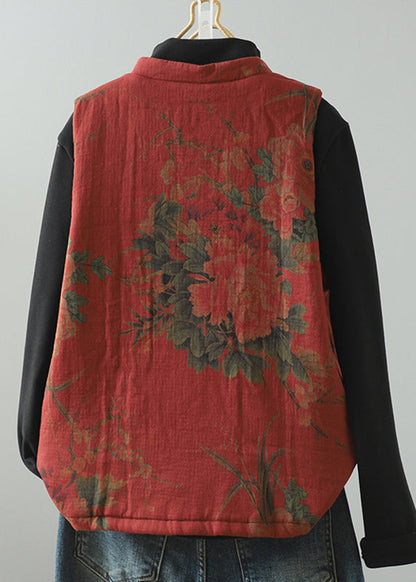 Vintage Red Tassel Print Patchwork Fine Cotton Filled Vest Winter RU045