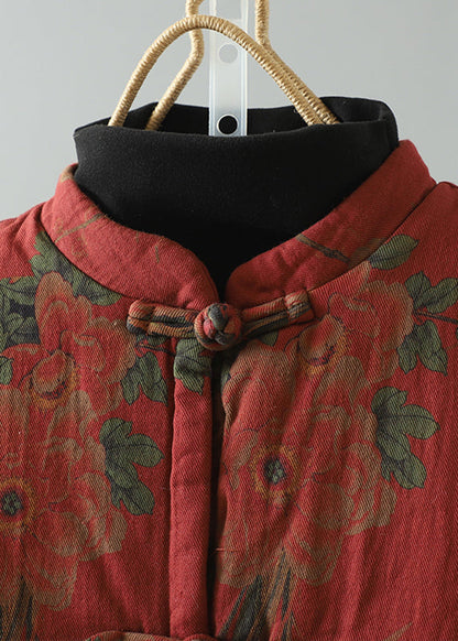 Vintage Red Tassel Print Patchwork Fine Cotton Filled Vest Winter RU045