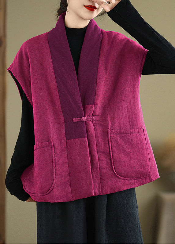 Vintage Rose V Neck Pockets Patchwork Fine Cotton Filled Vest Sleeveless RU013