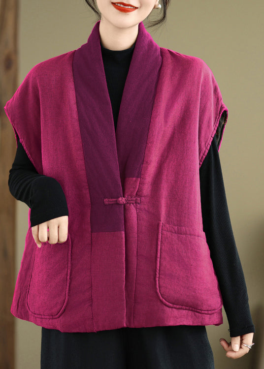 Vintage Rose V Neck Pockets Patchwork Fine Cotton Filled Vest Sleeveless RU013