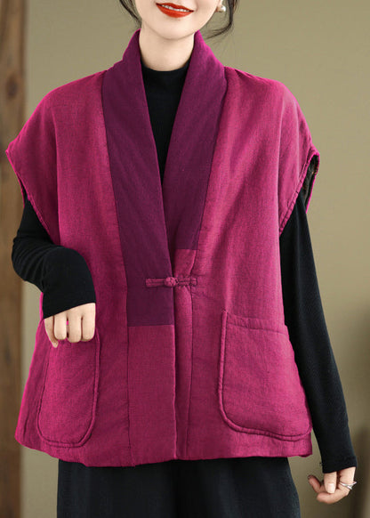 Vintage Rose V Neck Pockets Patchwork Fine Cotton Filled Vest Sleeveless RU013