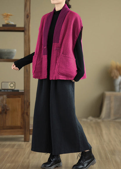 Vintage Rose V Neck Pockets Patchwork Fine Cotton Filled Vest Sleeveless RU013