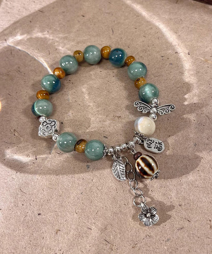Bracelet Sterling Silk Beads Vintage Charm Ceramics Silver Jade