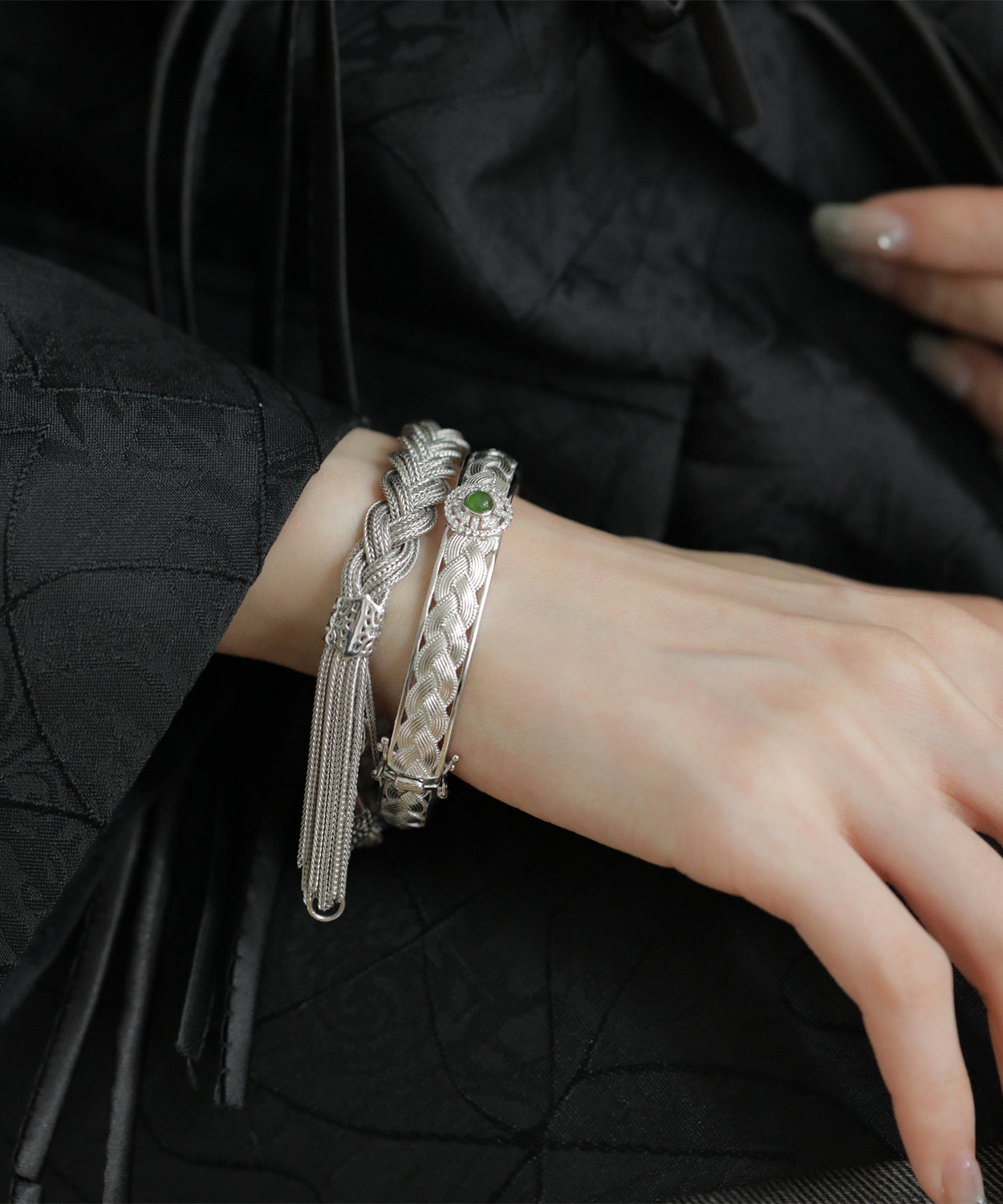 Sterling Silver Weave Lace Silk Bangle Jade Vintage